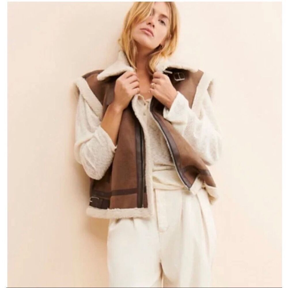 Moon River M anthropologie Ellie Faux Shearling brown Vest moto Viking - Picture 3 of 11